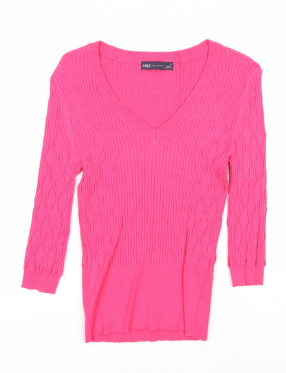 Marks & Spencer Womens Pink V-Neck Viscose Pullover Jumper Size 8