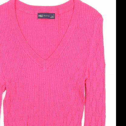 Marks & Spencer Womens Pink V-Neck Viscose Pullover Jumper Size 8