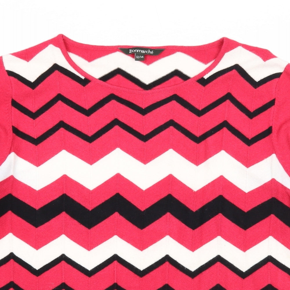 Bonmarché Womens Pink Round Neck Geometric Viscose Pullover Jumper Size 12