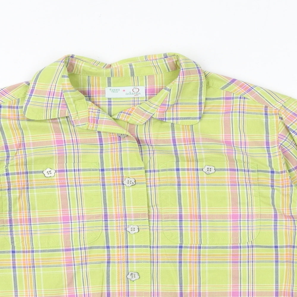 Adams Girls Green Plaid 100% Cotton Basic Button-Up Size 6 Years Collared Button