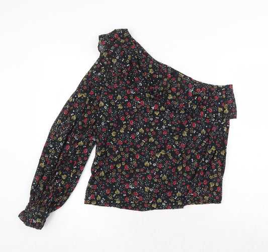 New Look Womens Black Floral 100% Cotton Basic Blouse Size 10 One Shoulder