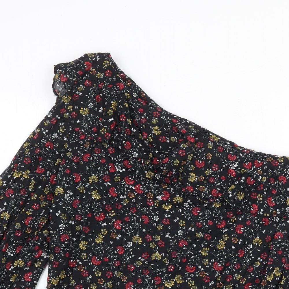 New Look Womens Black Floral 100% Cotton Basic Blouse Size 10 One Shoulder