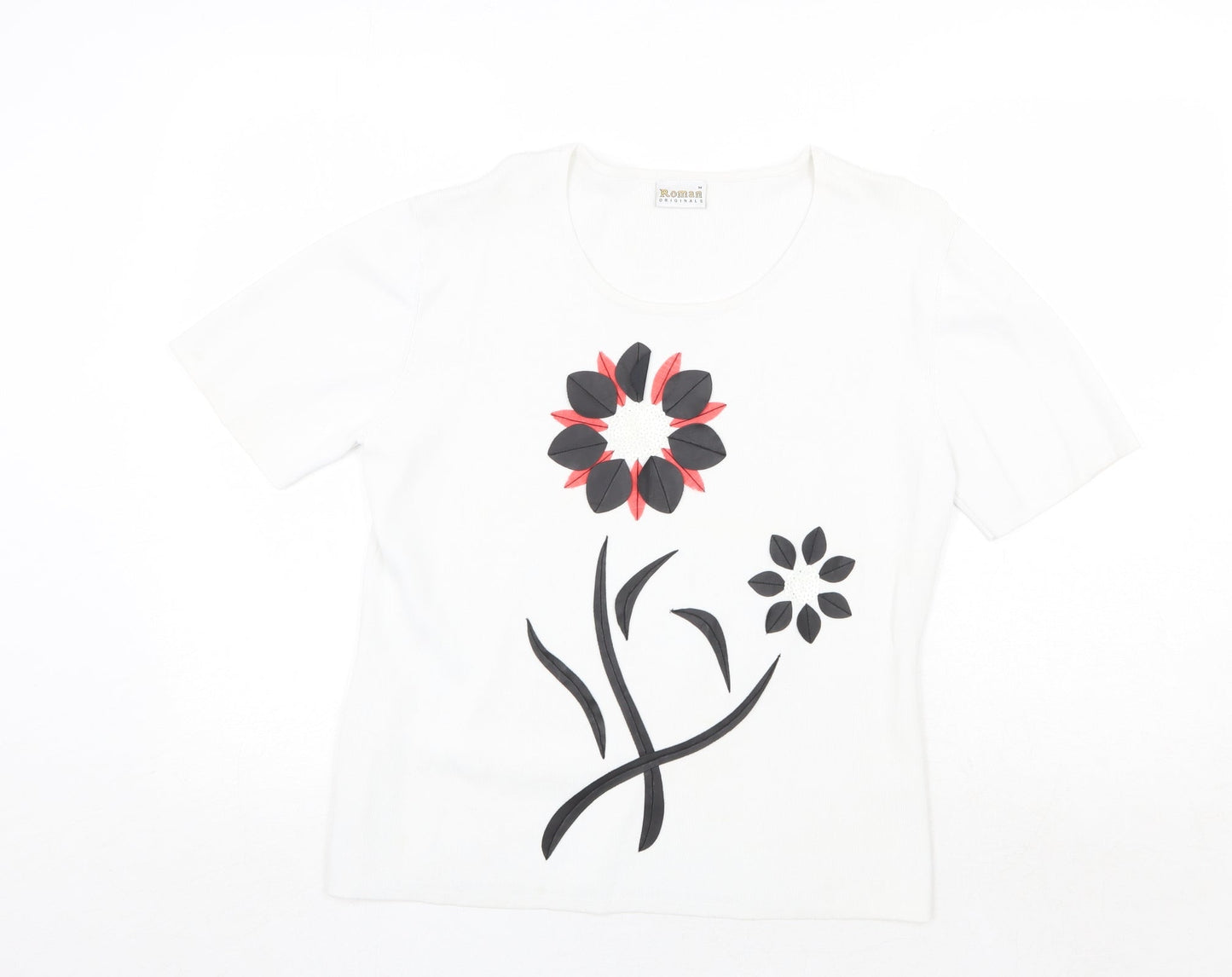 Roman Originals Womens White Round Neck Viscose Pullover Jumper Size M - Flower