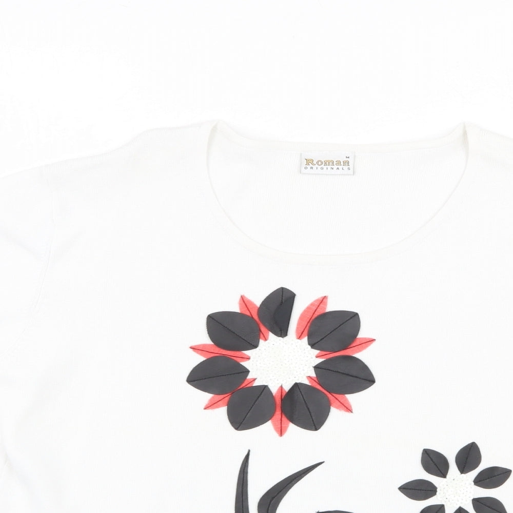 Roman Originals Womens White Round Neck Viscose Pullover Jumper Size M - Flower