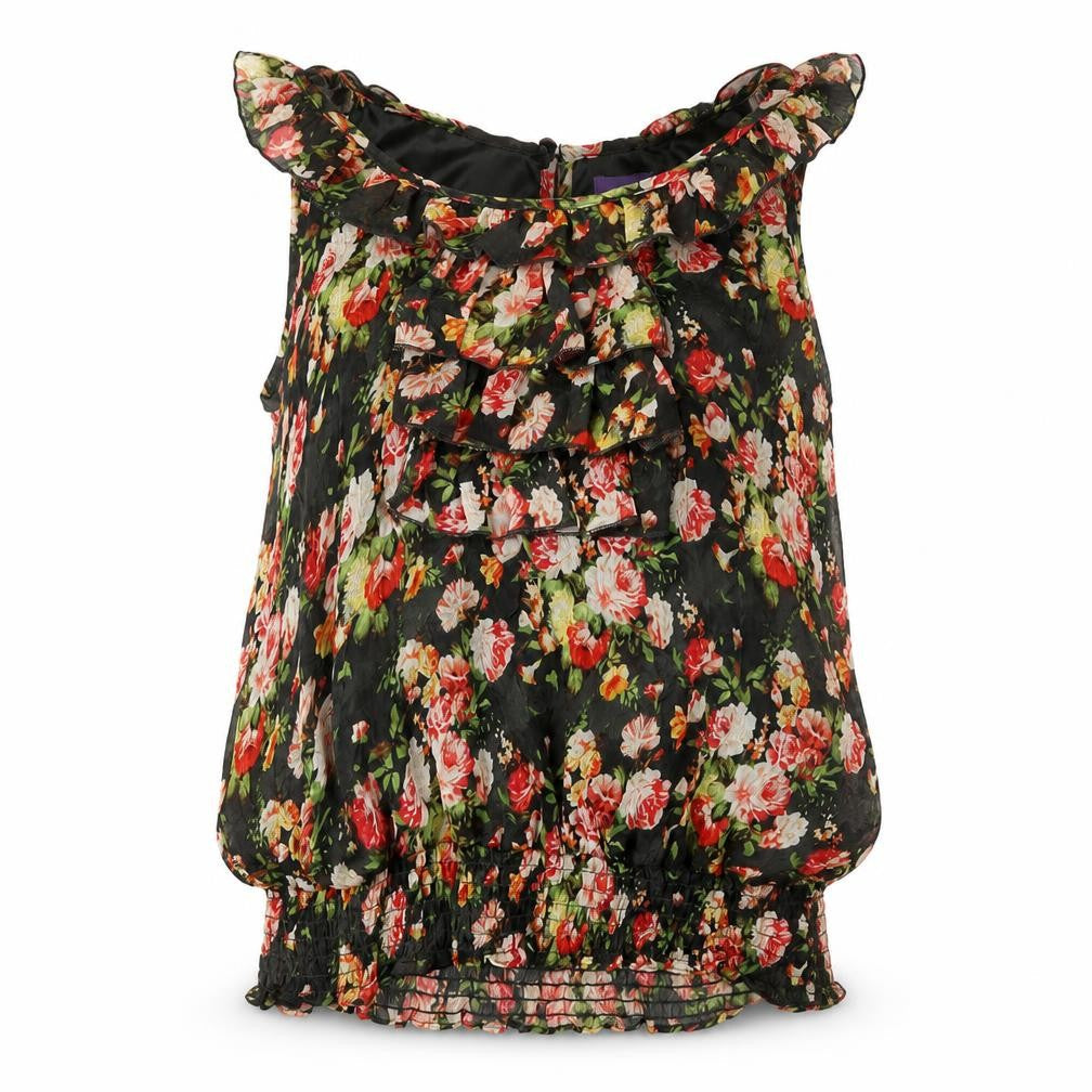 Purple Womens Multicoloured Floral Polyester Basic Blouse Size M Round Neck
