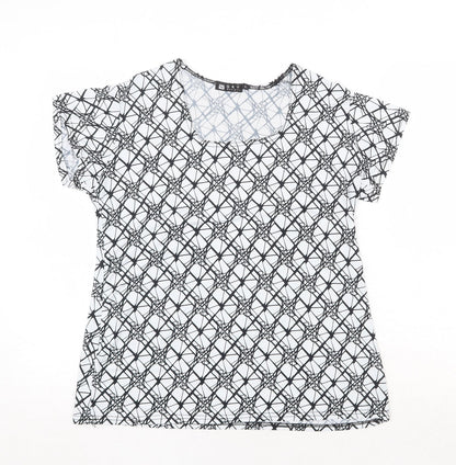 Sky Designs Womens White Geometric Polyester Basic T-Shirt Size L Square Neck
