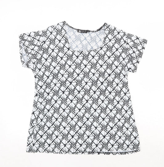 Sky Designs Womens White Geometric Polyester Basic T-Shirt Size L Square Neck