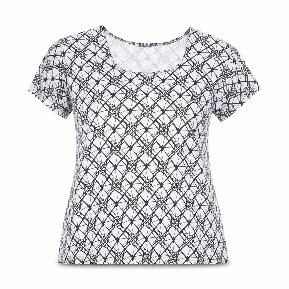 Sky Designs Womens White Geometric Polyester Basic T-Shirt Size L Square Neck