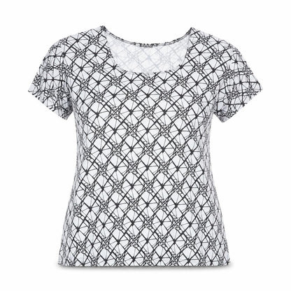 Sky Designs Womens White Geometric Polyester Basic T-Shirt Size L Square Neck