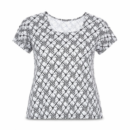 Sky Designs Womens White Geometric Polyester Basic T-Shirt Size L Square Neck
