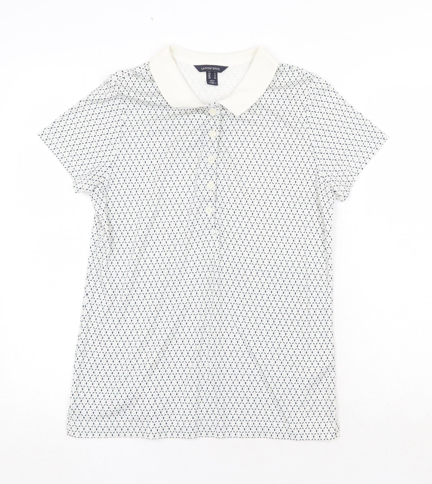 Lands' End Mens White Geometric Cotton Polo Size S Collared Button
