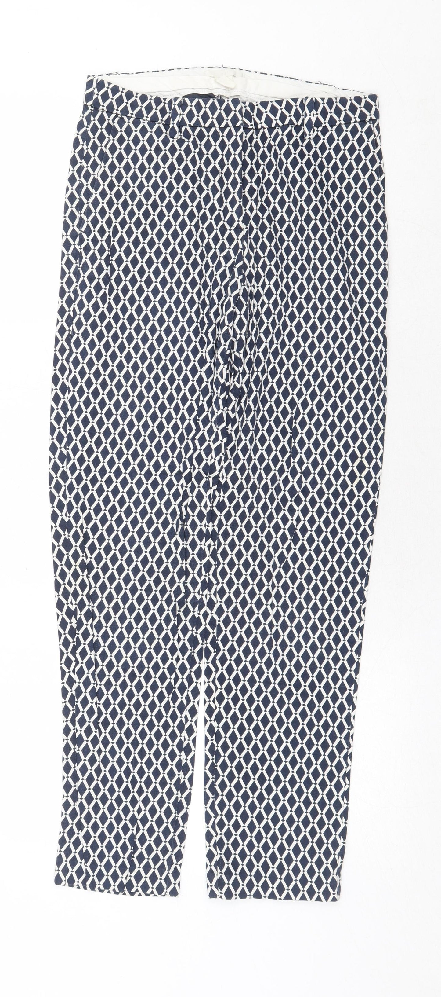 H&M Womens Blue Geometric Cotton Chino Trousers Size 6 Regular Zip