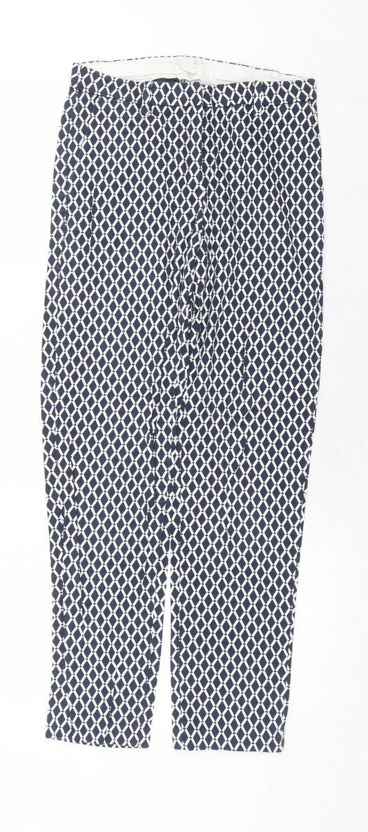 H&M Womens Blue Geometric Cotton Chino Trousers Size 6 Regular Zip