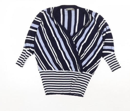 Oasis Womens Blue V-Neck Striped Viscose Pullover Jumper Size S