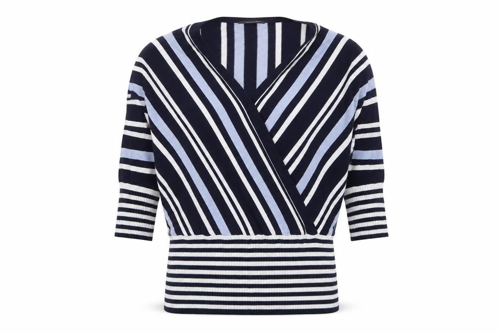 Oasis Womens Blue V-Neck Striped Viscose Pullover Jumper Size S
