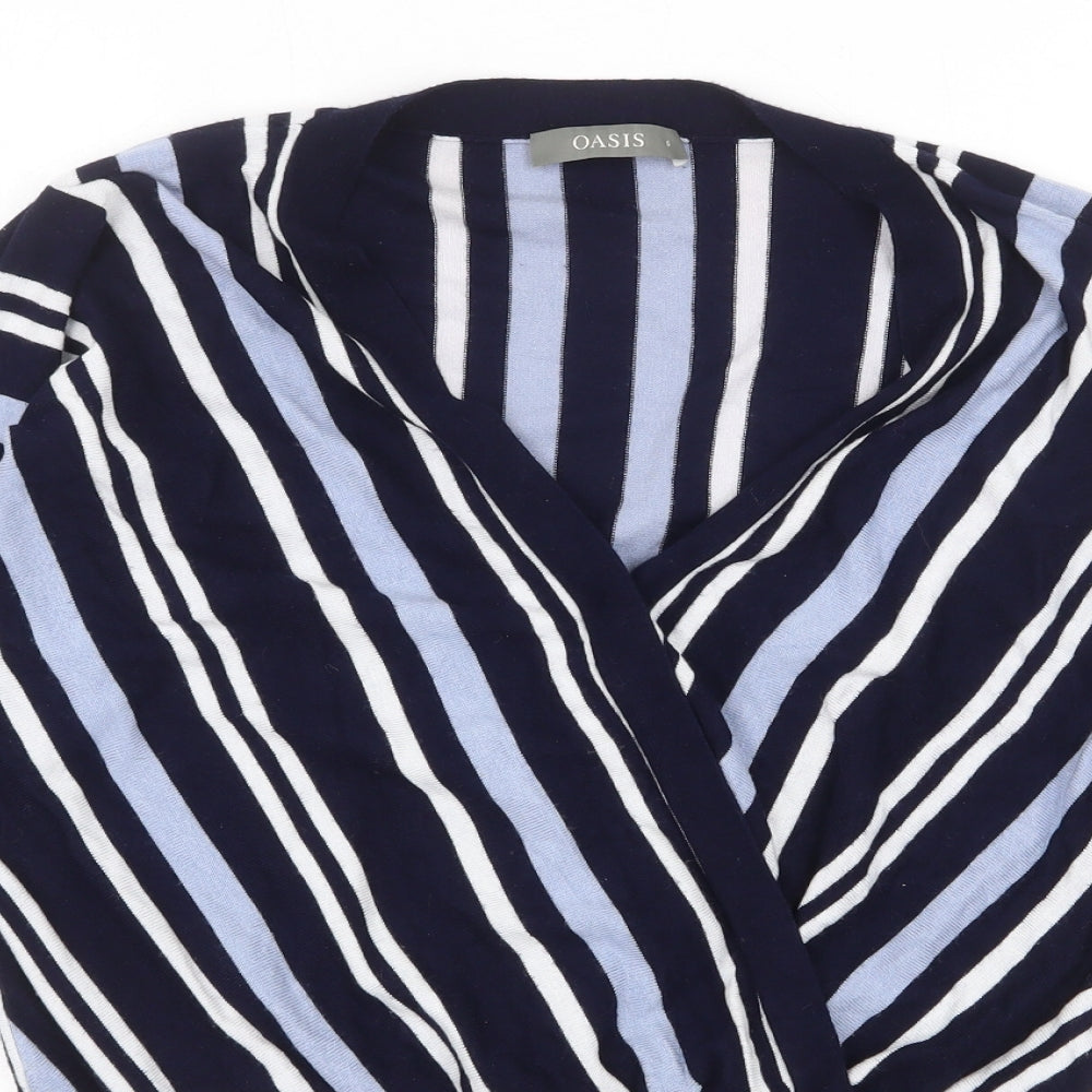 Oasis Womens Blue V-Neck Striped Viscose Pullover Jumper Size S