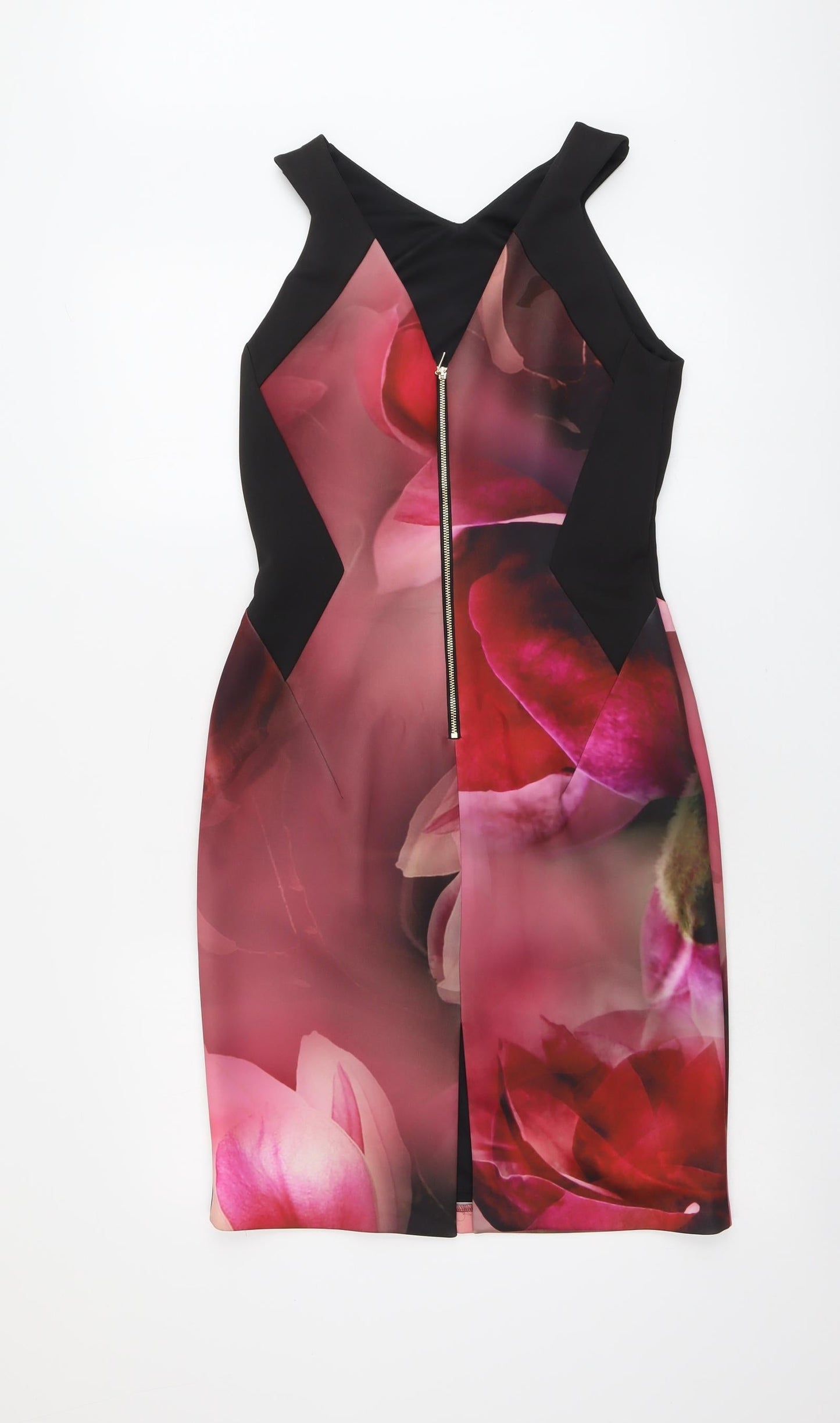 Roman Womens Black Floral Polyester Bodycon Size 10 V-Neck Zip