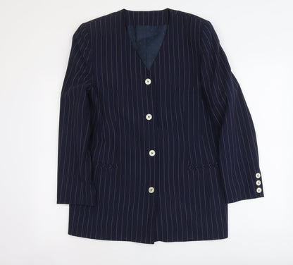 Additional front view of C&A women’s blue striped polyester jacket suit jacket, size UK 14