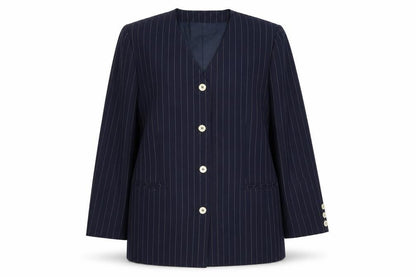 Front view of C&A women’s blue striped polyester jacket suit jacket, size UK 14
