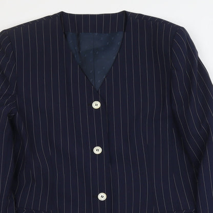 Close-up detail of C&A women’s blue striped polyester jacket suit jacket, size UK 14