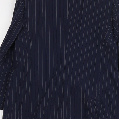 Brand and care label for C&A women’s blue striped polyester jacket suit jacket, size UK 14