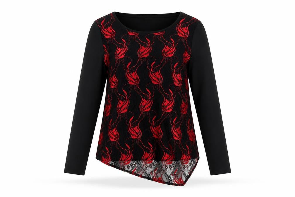 Chianti Womens Black Geometric Polyester Basic Blouse Size 14 Round Neck - Lace Detail