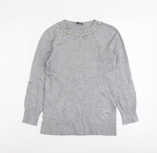 Warehouse Womens Grey Round Neck Viscose Pullover Jumper Size 6
