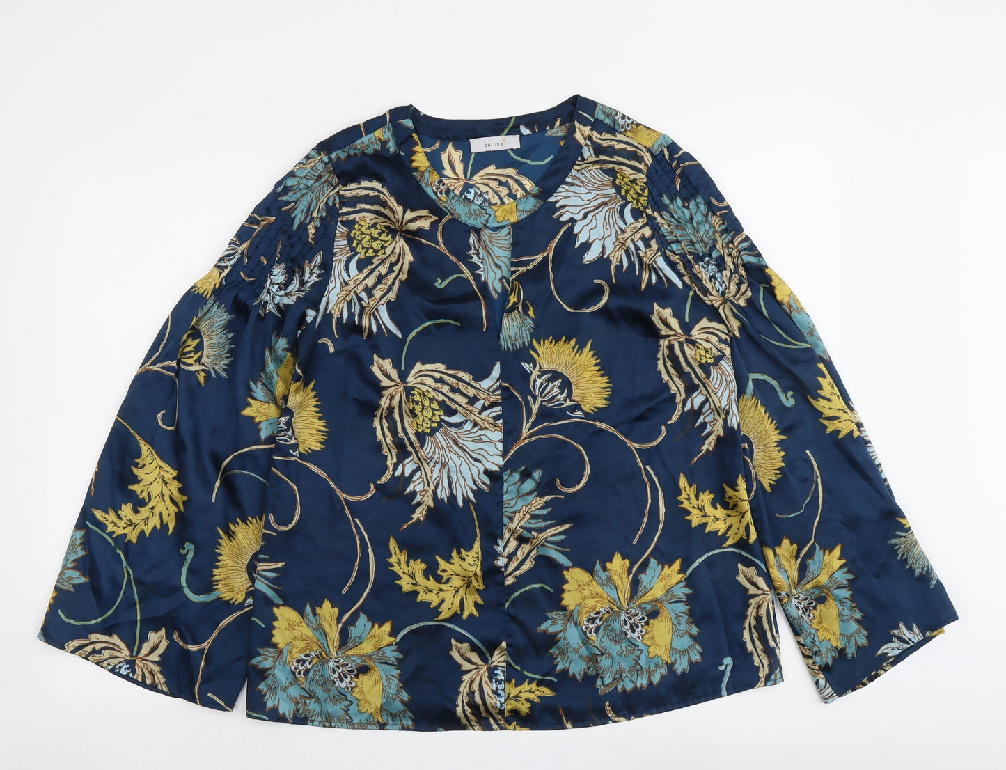Per Una Womens Blue Floral Polyester Basic Blouse Size 10 Round Neck