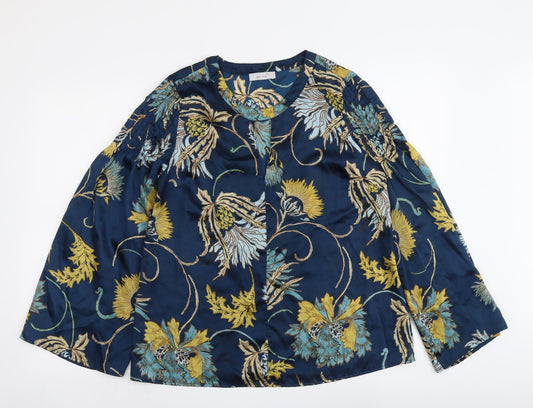 Per Una Womens Blue Floral Polyester Basic Blouse Size 10 Round Neck