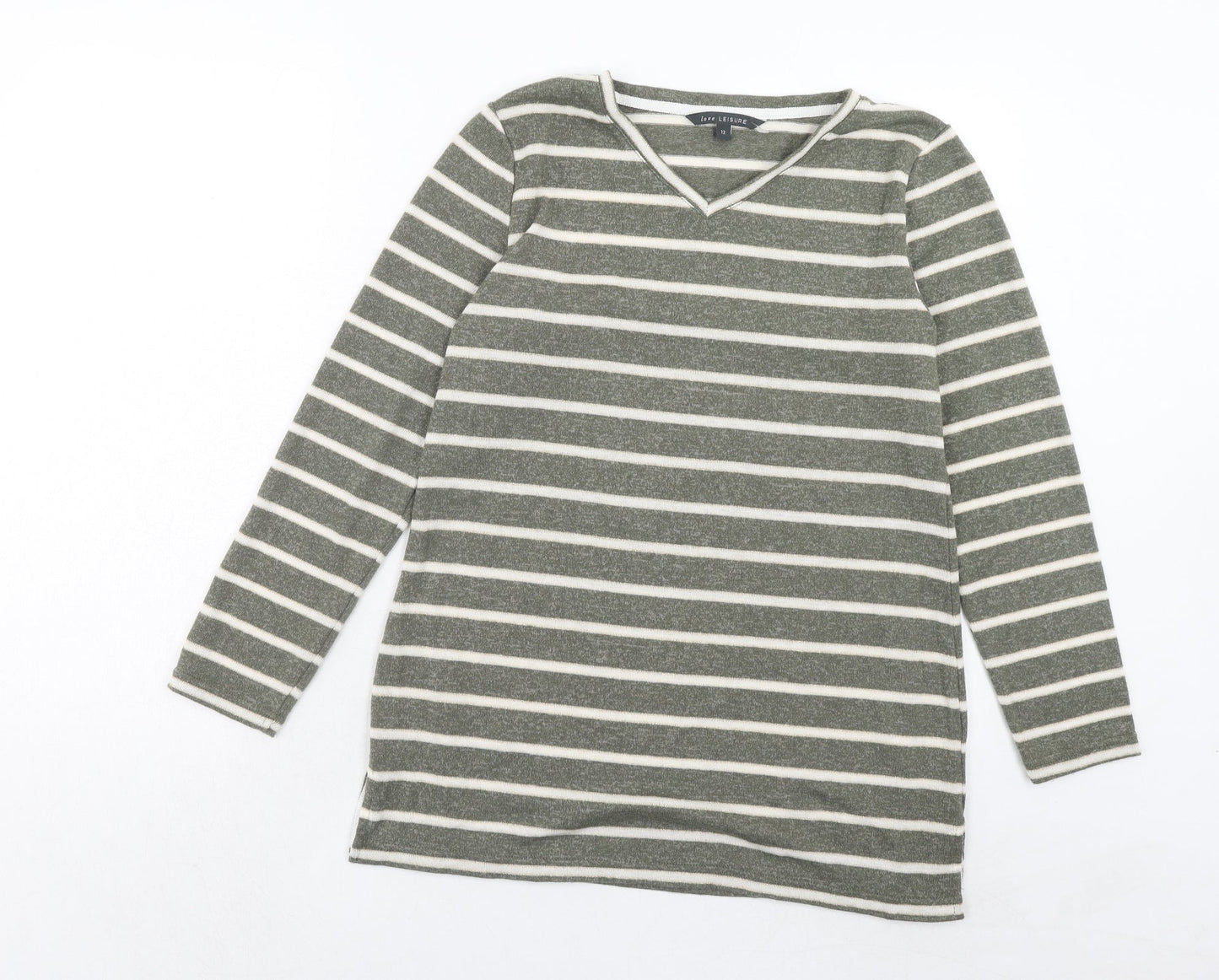 Bonmarché Womens Green V-Neck Striped Polyester Pullover Jumper Size 12