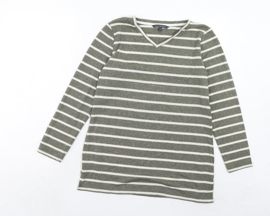 Bonmarché Womens Green V-Neck Striped Polyester Pullover Jumper Size 12