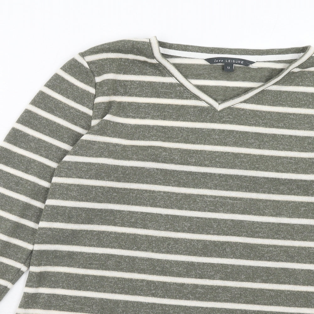 Bonmarché Womens Green V-Neck Striped Polyester Pullover Jumper Size 12