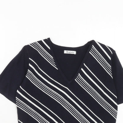 Berkertex Womens Blue V-Neck Striped Acrylic Pullover Jumper Size 10