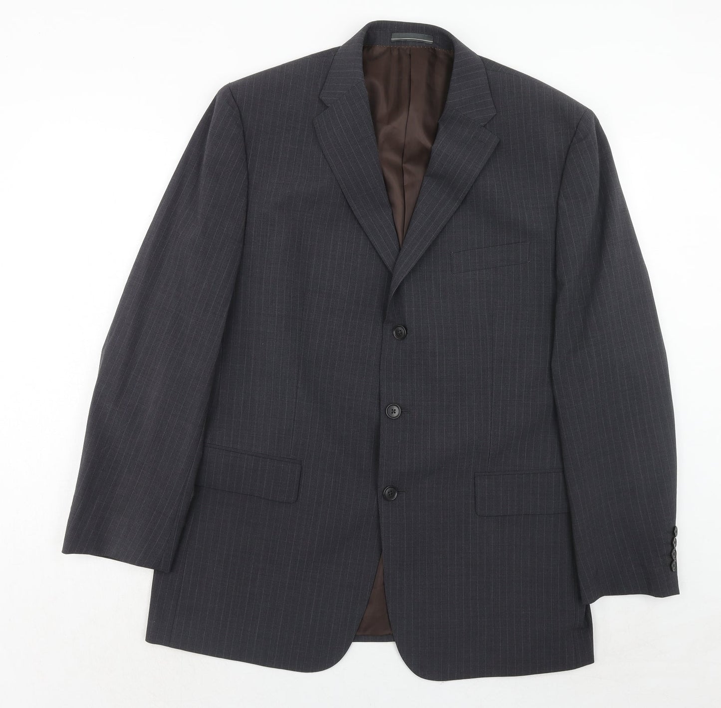 Greenwoods Mens Grey Striped Polyester Jacket Suit Jacket Size 44 Regular