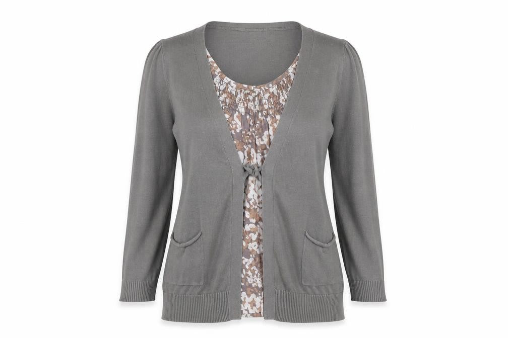 ESPRIT Womens Grey Scoop Neck Geometric Cotton Cardigan Jumper Size S