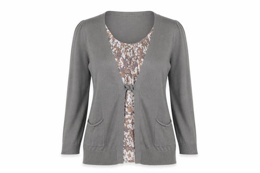 ESPRIT Womens Grey Scoop Neck Geometric Cotton Cardigan Jumper Size S