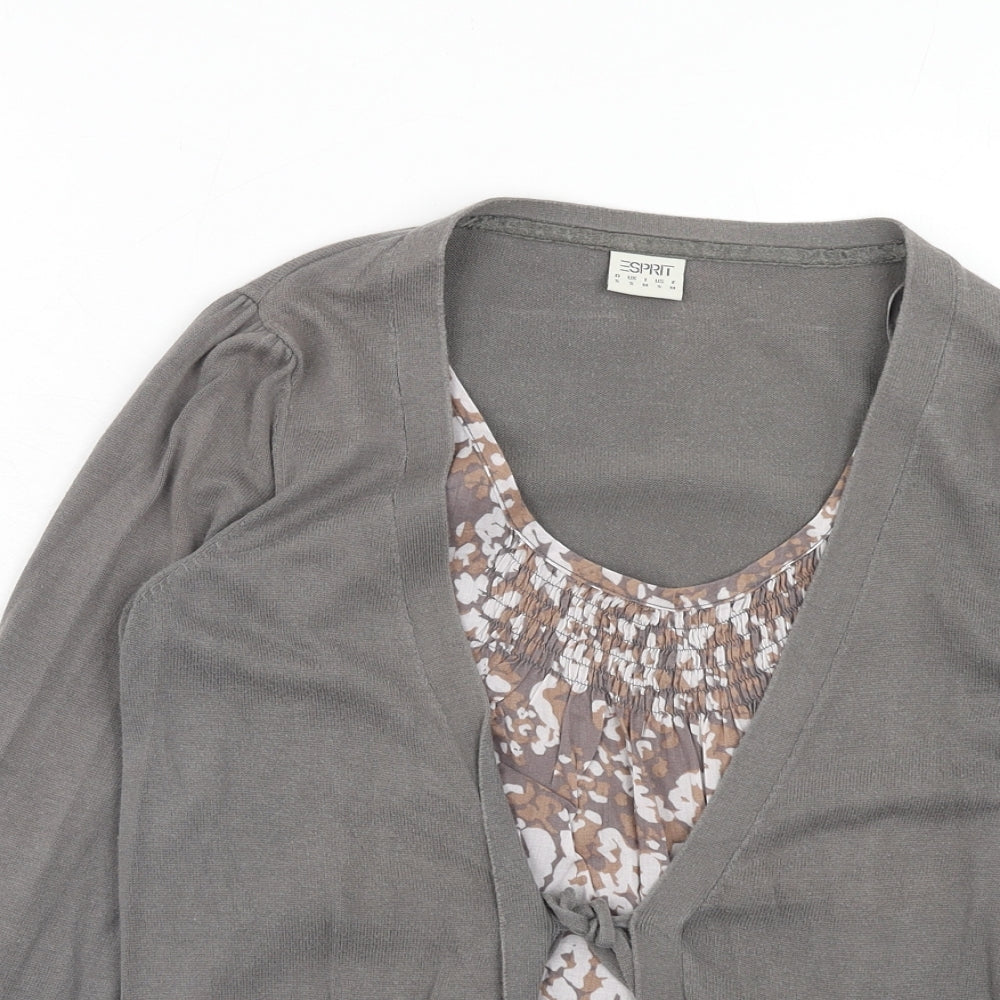 Esprit Womens Grey Scoop Neck Geometric Cotton Cardigan Jumper Size S