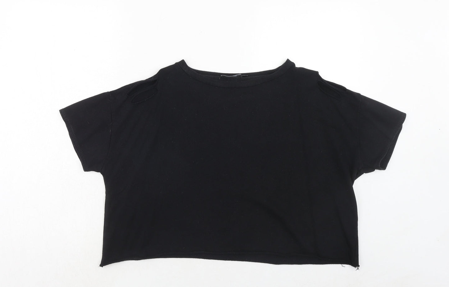 PRETTYLITTLETHING Womens Black Polyester Cropped T-Shirt Size 12 Round Neck