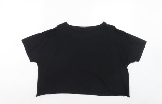 PRETTYLITTLETHING Womens Black Polyester Cropped T-Shirt Size 12 Round Neck