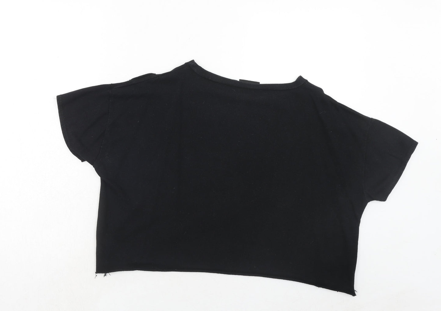 PRETTYLITTLETHING Womens Black Polyester Cropped T-Shirt Size 12 Round Neck