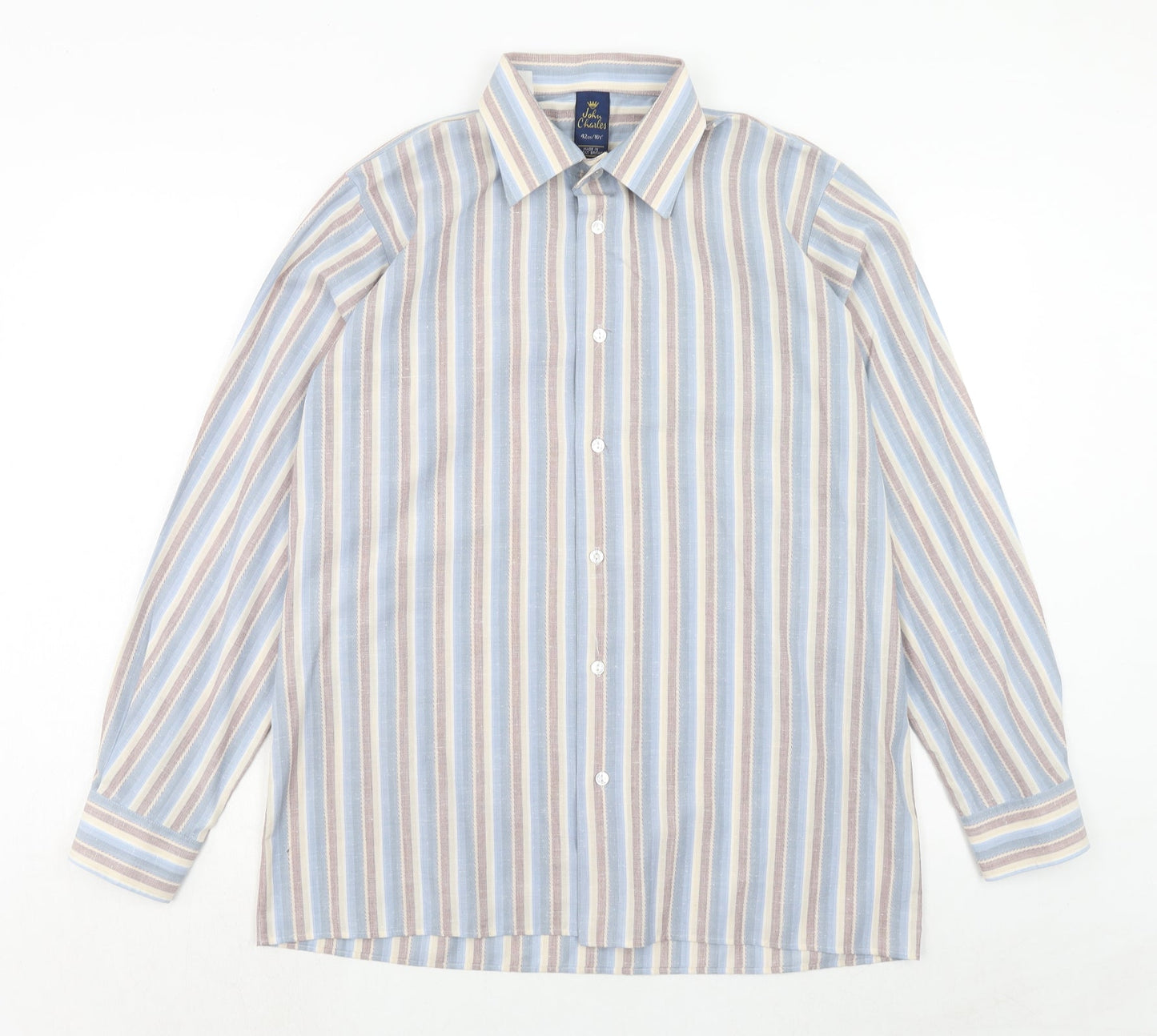 John Charles Mens Blue Striped Polyester Button-Up Size 16.5 Collared Button