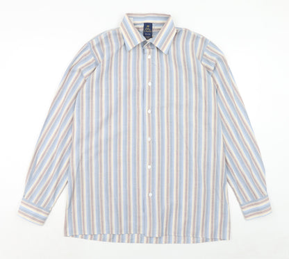 John Charles Mens Blue Striped Polyester Button-Up Size 16.5 Collared Button