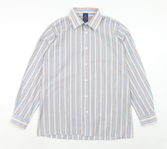 John Charles Mens Blue Striped Polyester Button-Up Size 16.5 Collared Button