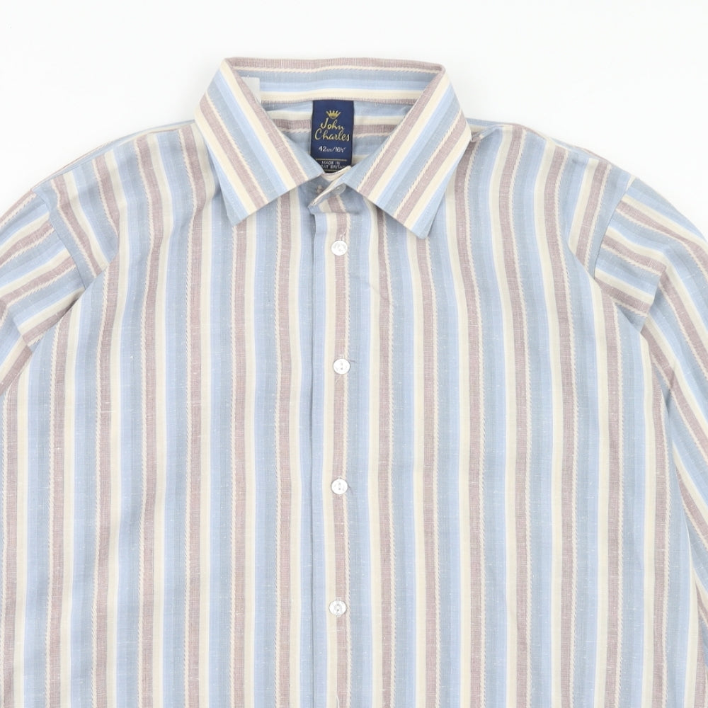 John Charles Mens Blue Striped Polyester Button-Up Size 16.5 Collared Button