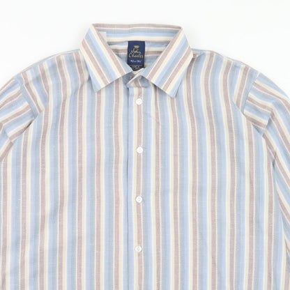 John Charles Mens Blue Striped Polyester Button-Up Size 16.5 Collared Button