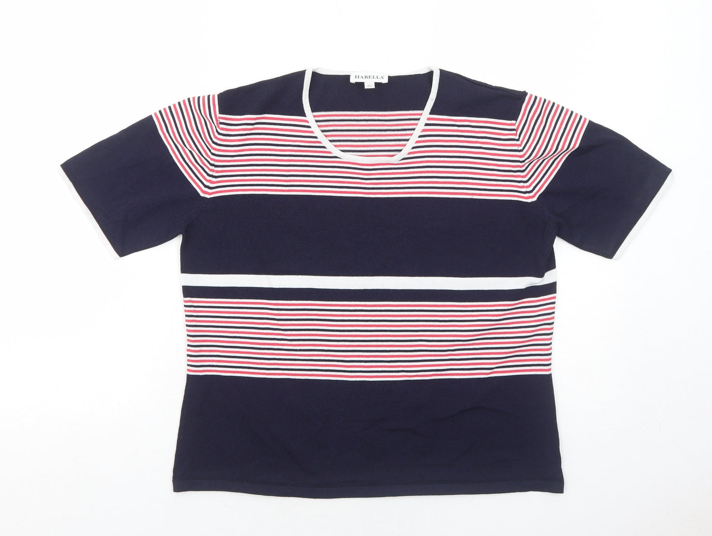 Habella Womens Blue Striped Nylon Basic T-Shirt Size 14 Round Neck