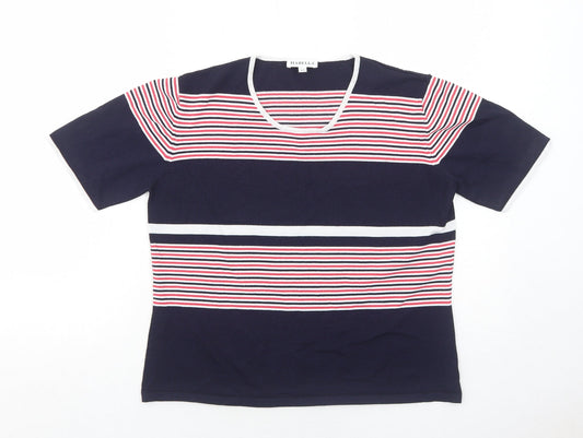 Habella Womens Blue Striped Nylon Basic T-Shirt Size 14 Round Neck