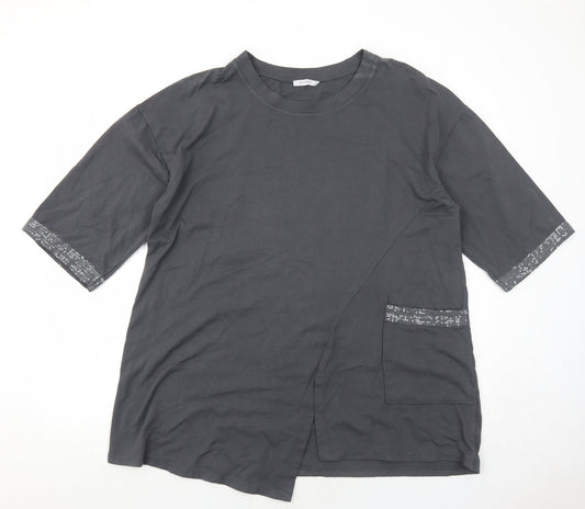 Diverse Womens Grey Cotton Basic T-Shirt Size L Round Neck - Sequin Trim