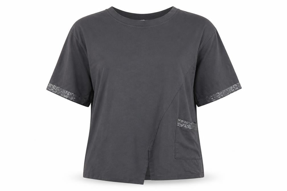 Diverse Womens Grey Cotton Basic T-Shirt Size L Round Neck - Sequin Trim