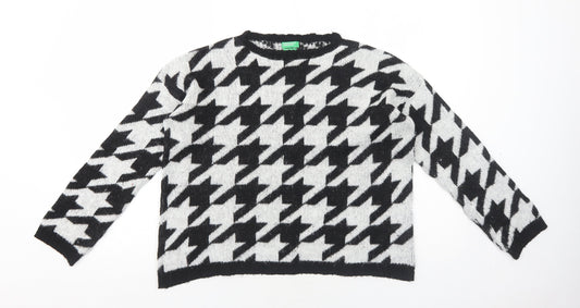 United Colors of Benetton Girls White Round Neck Geometric Acrylic Pullover Jumper Size 13-14 Years Pullover